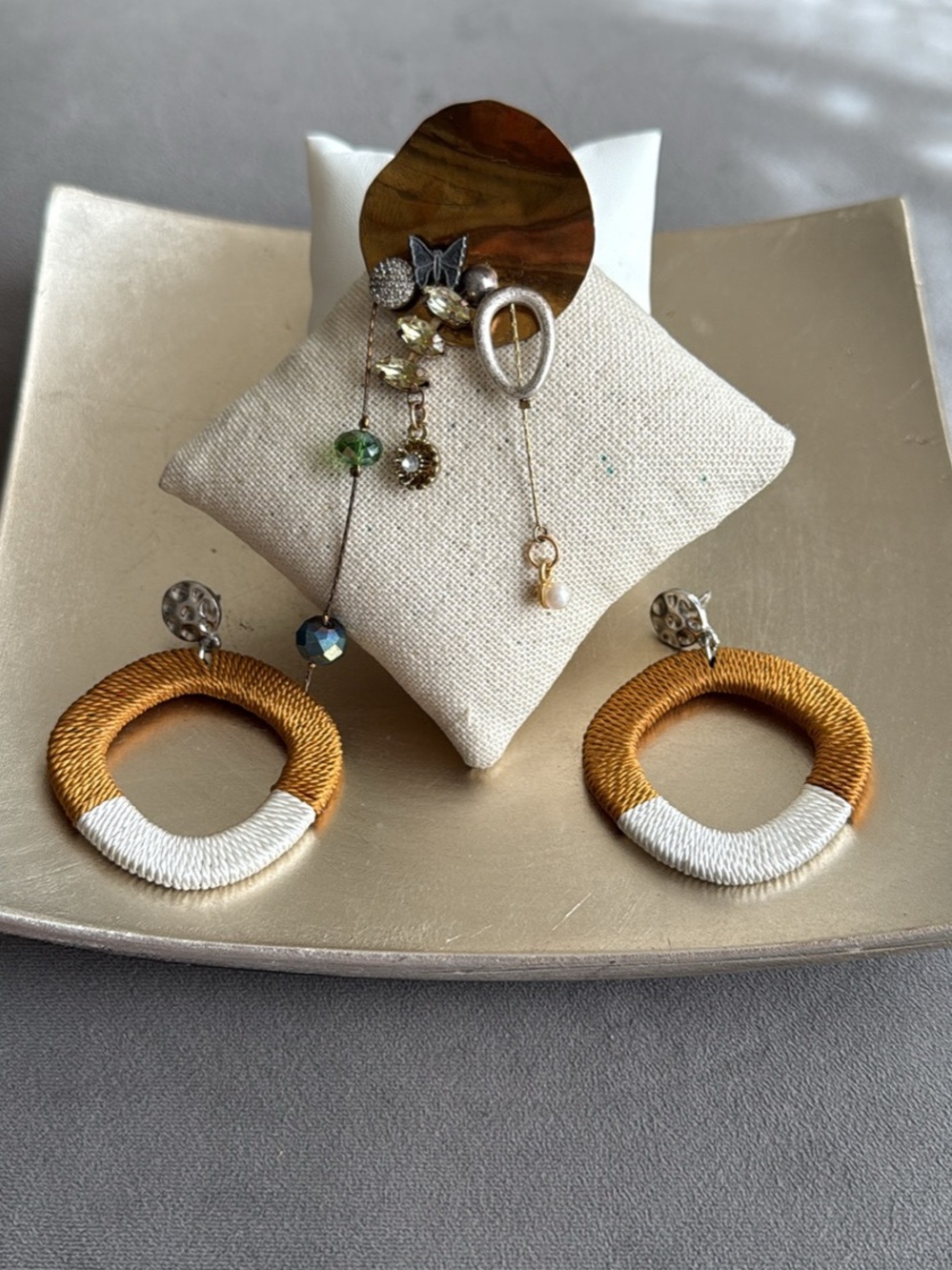 Jewelry Bundle Gold White Wrapped Hoop Earrings Upcycled Eclectic Pin Handmade